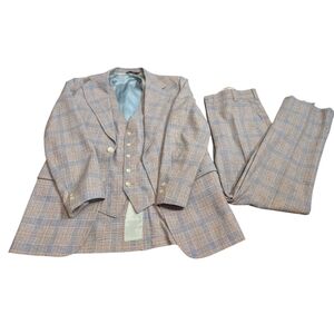 Vtg 60s 70s Palm Beach Mens 42L 3 Piece Blue and Orange Plaid Suit 35x30